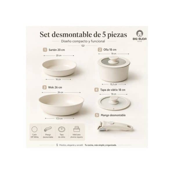 Batería Ollas Y Sartén Set 5 Antiadherente Mango Desmontable Blanco Pastel