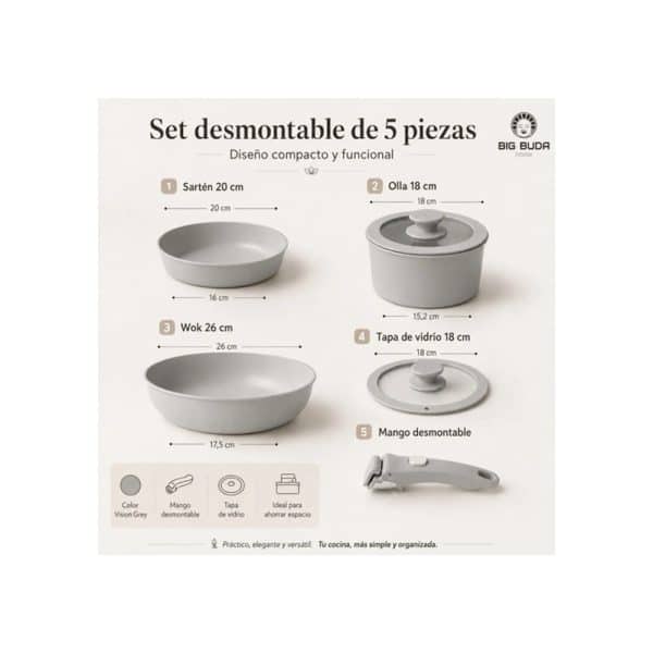 Batería Ollas Y Sartén Set 5 Antiadherente Mango Desmontable Gris Claro